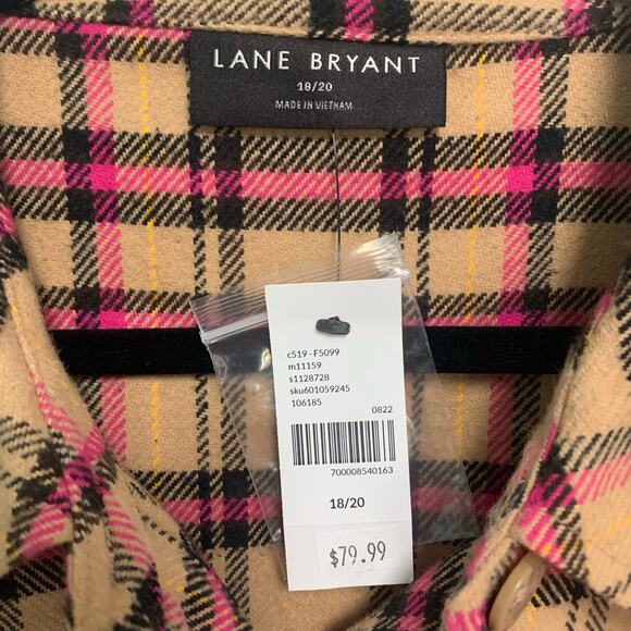 Lane Bryant Women’s Tan Pink Plaid Flannel Cotton Shacket Size 18/20 - Picture 2 of 5